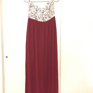 Strapless Burgundy Maxi Dress with Lace Bodice